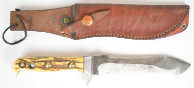 Puma White Hunter or similar German hunting knife with horn handle and aluminium guard, overall