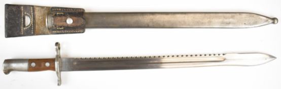 Swiss M 1914 pioneer's saw back bayonet with wooden grips, steel scabbard and saw black blade marked