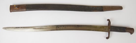 British 1856 pattern Enfield bayonet with some good stamps to ricasso, chequered leather grips, 57cm