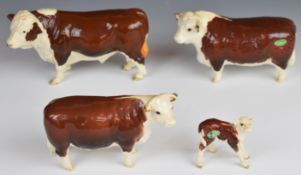Beswick Hereford bull, cow and calf figures including polled bull, tallest 13cm