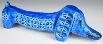 Bitossi mid century modern blue glazed Dachshund / dog, L25 x H7.5cm