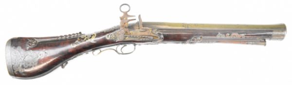 I Nelson of London flintlock blunderbuss with Roman type lock, ornately engraved white metal and