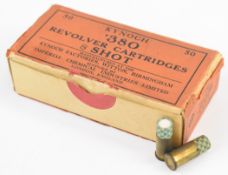 Forty .380 Kynoch 8 shot revolver cartridges, in original box. PLEASE NOTE THAT WE CANNOT OFFER