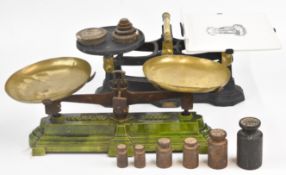 Two sets of vintage kitchen or shop scales comprising a set with ceramic pan and another with