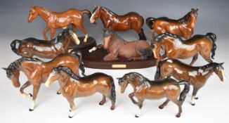 Ten Beswick / Royal Doulton horses including Welsh cob, Spirit Of Peace etc, tallest 23cm