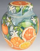 Moorcroft covered ginger jar decorated with oranges and lemons in the Florida pattern designed by