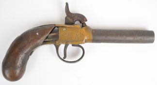Unnamed percussion hammer action pocket pistol with engraved brass lock, chequered wooden grip,
