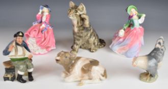 Copenhagen cow and chicken figures, Winstanley cat and three Royal Doulton figures, tallest 22cm