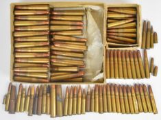 Over 150 inert rifle cartridges including .303 in box marked 'For Job Demonstration', .404, 9mm