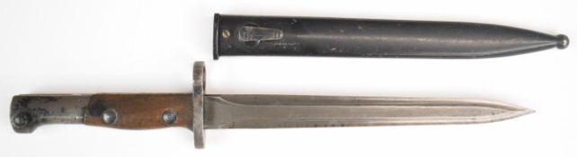Belgian M1949 bayonet, with wooden grips, marked to top of handle SA30 2996, in steel scabbard,
