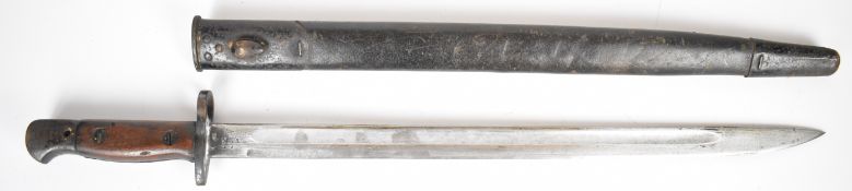 British 1907 pattern bayonet with good stamps to ricasso, wooden grips, 43.5cm single edged blade