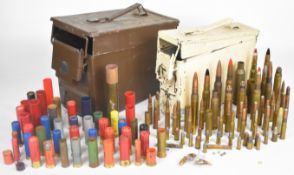 Two military style metal ammunition tins, one containing a collection of mainly military inert rifle