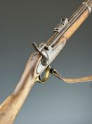 Enfield pattern three band percussion hammer action rifle with adjustable ladder sights, brass