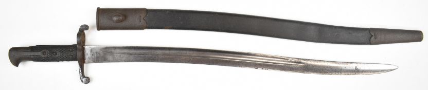British 1856 pattern yataghan sword bayonet, dated 3/85 in scabbard leather and steel, overall