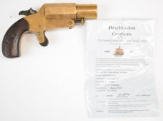 Deactivated Turkish brass flare or signalling pistol with shaped wooden grips and 'Istanbul 1331