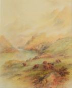 James Stinton (1870-1961) Royal Worcester artist watercolour Highland cattle grazing beside a river,