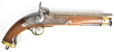 East India Company flintlock hammer action pistol with lion logo to the lock, brass trigger guard,