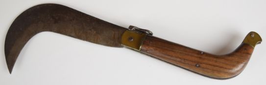 19th/20thC Whitby bill hook grapevine pruning knife with brass fittings and thumb push lock and