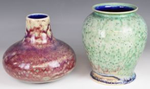 Two Cobridge Stoneware pottery vases with flambé glazes, tallest 21cm