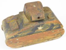 Trench art style WW2 model of an American Sherman tank with rotating turret and small wheels