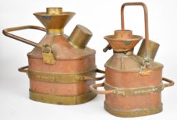Two Hampshire County Council Chekpump copper and brass county standard petrol measures comprising