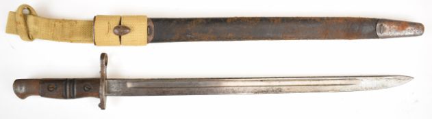 British WW1 Remington 1913 bayonet with wooden grips and fullered blade, marked Remington and