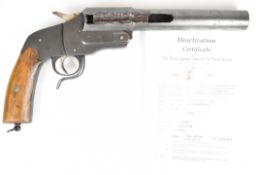 Deactivated German WW1 flare or signalling pistol with two part mahogany grip, push forward