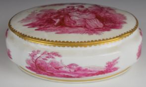 19th/20thC French porcelain covered oval box decorated with Watteau scenes and Sèvres mark to