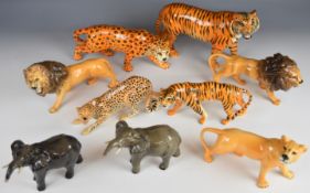 Nine Beswick wild animal figures including tigers, lions, cheetahs etc