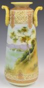 Noritake twin handled jewelled vase decorated with a land / seascape with sailing boats, H31cm