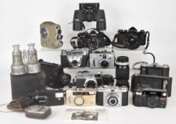 Collectable cameras and binoculars to include Olympus XA 35mm compact camera with A11 flash,