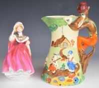Wadeheath Art Deco nursery rhyme relief moulded Three Little Pigs jug with figural wolf handle and