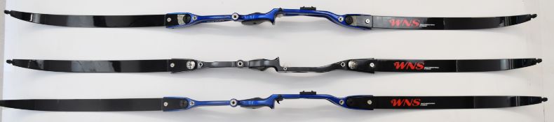 Three archery recurve bows all with metal handles and WNS Explore W1 limbs, two Samick Avante and