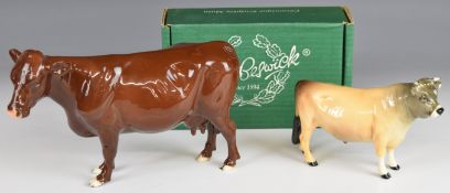 Beswick Red Poll cow and a Jersey bull (boxed), tallest 15cm