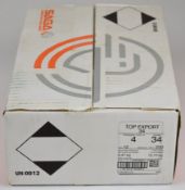 Two hundred and fifty 12 bore Saga Top Export 34g 4 shot shotgun cartridges, sealed in original box.