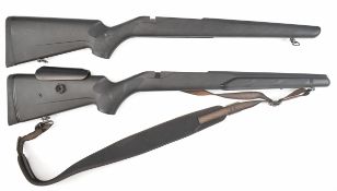 Two Tikka T3 composite rifle stocks each with textured semi-pistol grip and forend and sling mounts,