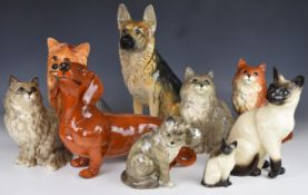 Beswick fireside Alsatian, Yorkshire Terrier, Dachshund figures and five Beswick cat figures,