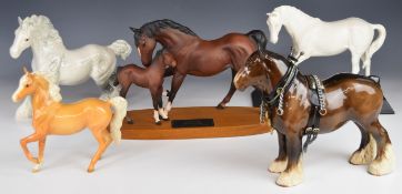 Five Beswick horses including grey cantering shire, prancing Arab, Spirit of Affection, etc, tallest