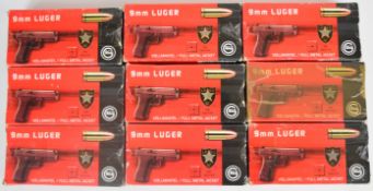 Four hundred and fifty 9mm Luger Geco full metal jacket pistol cartridges, all in original boxes.
