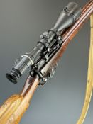Lee-Enfield .303 bolt-action rifle with raised comb, canvas sling, multi-shot magazine, Vomz 8x56