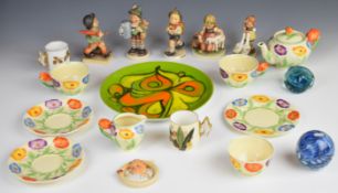 Goebel Hummel figures, Poole pottery plate, Grindley Art Deco tea for two with flower handles, two