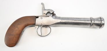 Belgian percussion hammer action pocket pistol with shaped wooden grip and 4.5 inch smooth bored
