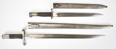 Mauser bayonet with split wooden grips, 30cm fullered straight blade and scabbard, together with a