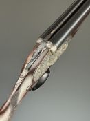 AYA Model 25 XXV 12 bore sidelock side by side ejector shotgun with floral and ribbon engraving to