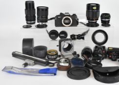 Olympus OM-3 35mm SLR camera outfit comprising camera body, Olympus Zuiko macro 80mm 1:4, 135mm 1: