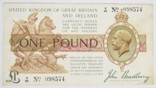 Bank of England John Bradbury £1 banknote, third issue (January 1917). Two pinholes in the cape of