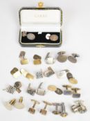 Fourteen pairs of silver cufflinks including Carrs, tiger's eye, Mexican, niello, citrine, etc, 140g