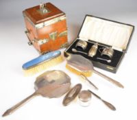Cased hallmarked silver cruet set with blue glass liners, hallmarked silver mounted dressing table