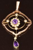 Edwardian 9ct gold pendant set with amethyst and seed pearls, 1.9g, 4.5cm