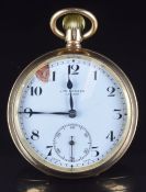 J W Benson 9ct gold keyless winding open faced pocket watch with subsidiary seconds dial, blued